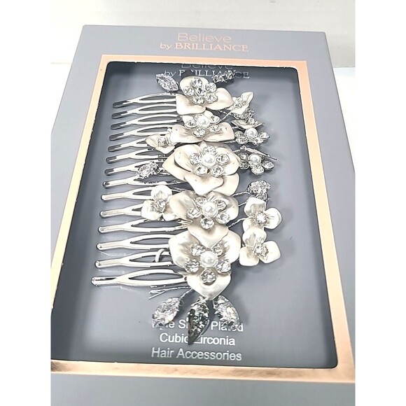 Believe by Brilliance Silver Plated with Cubic Zirconia Hair Comb w/Flowers - Picture 4 of 4